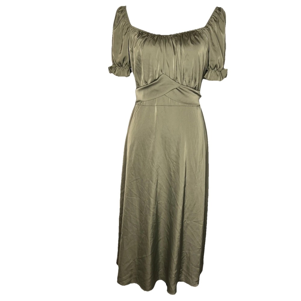 Kirundo Women's Olive Green Short Sleeve Maxi Dress L Long Silky Tie Back Boho